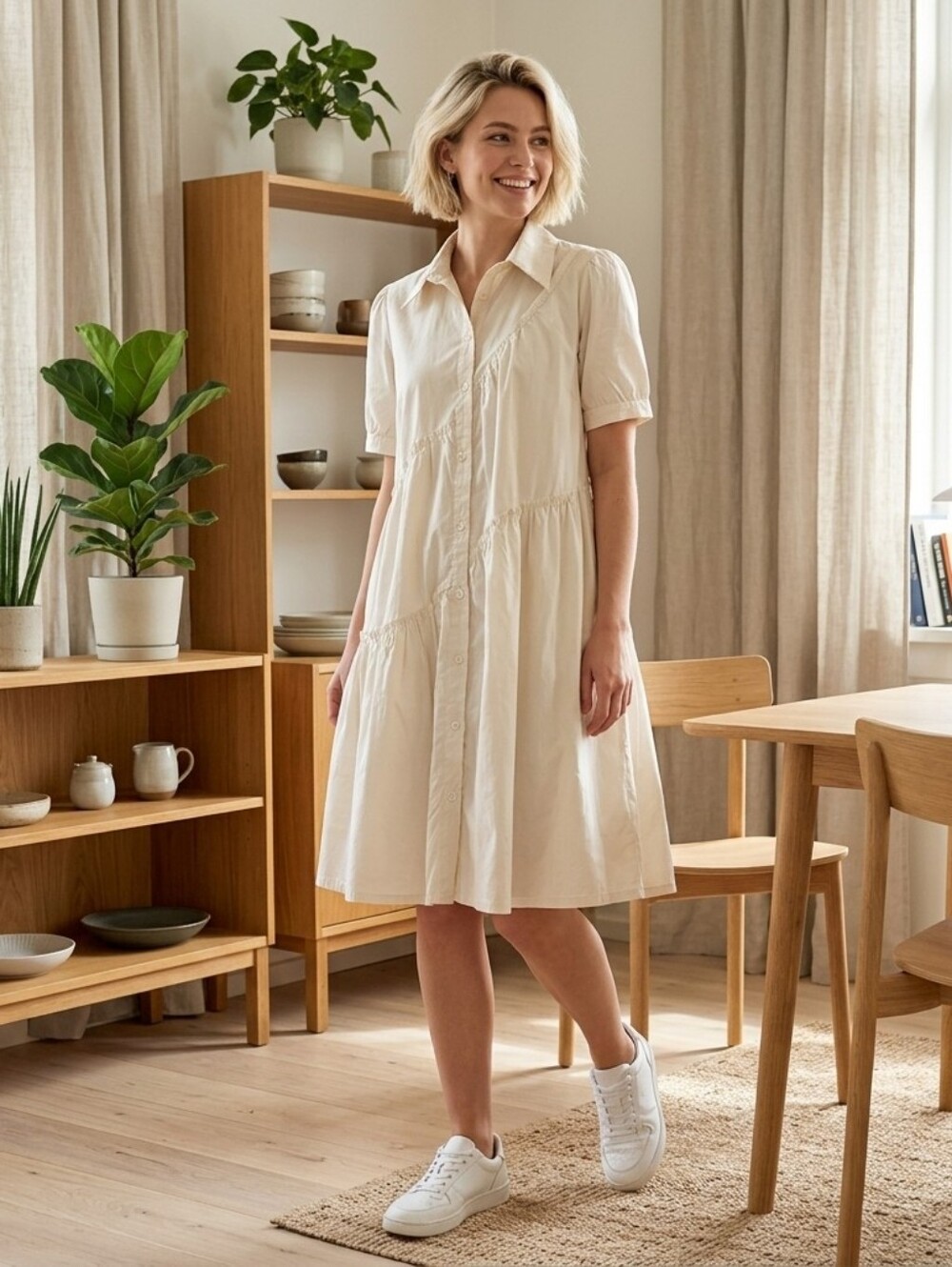 🌻🌻Lightweight Blanchedalmond Button-Down Tiered Shirt Dress - Picture 6 of 6